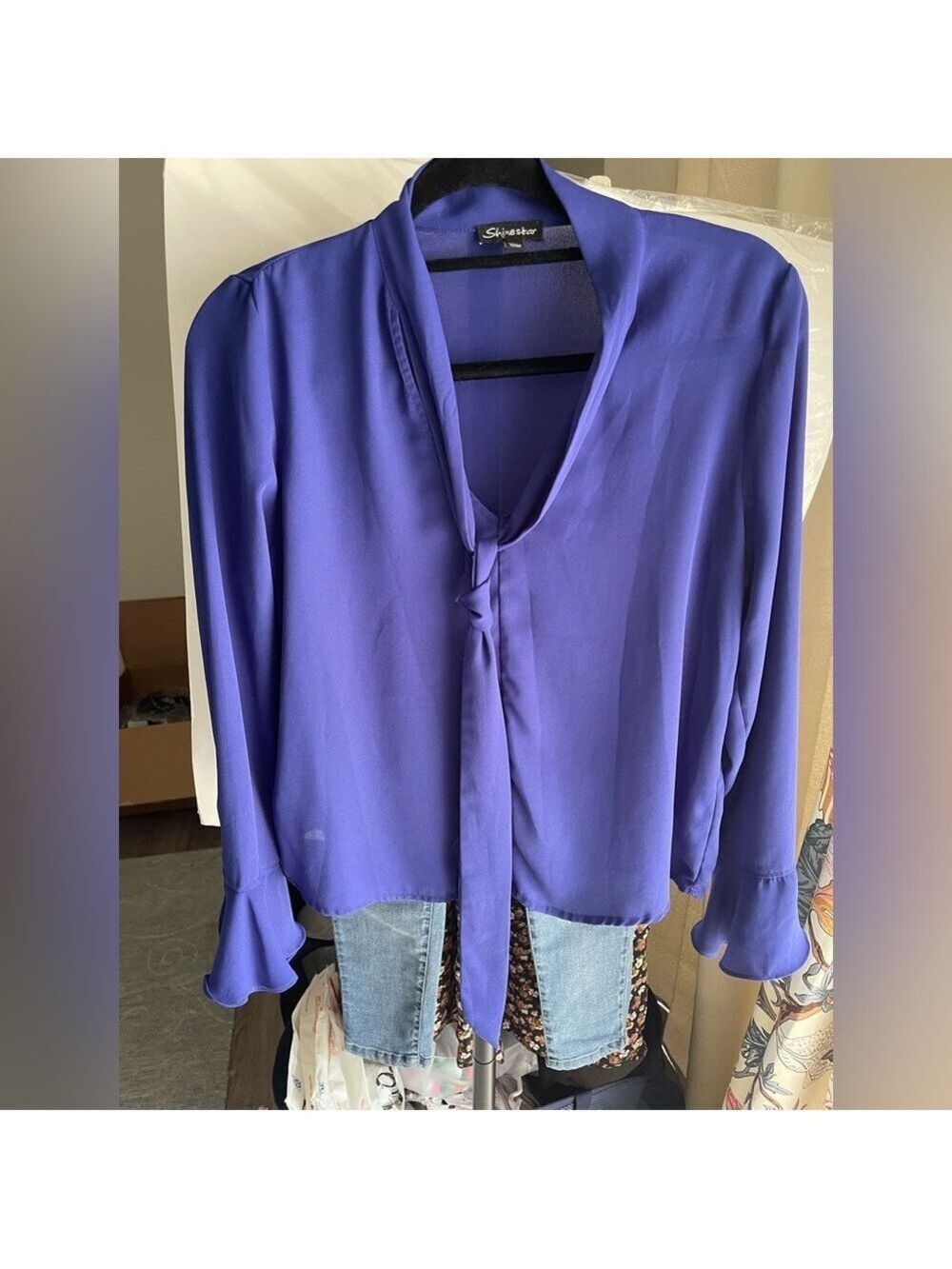 Shinestar Cobalt Blue Satin Tie-Neck Blouse V-Neck Long Sleeve Women's very nice